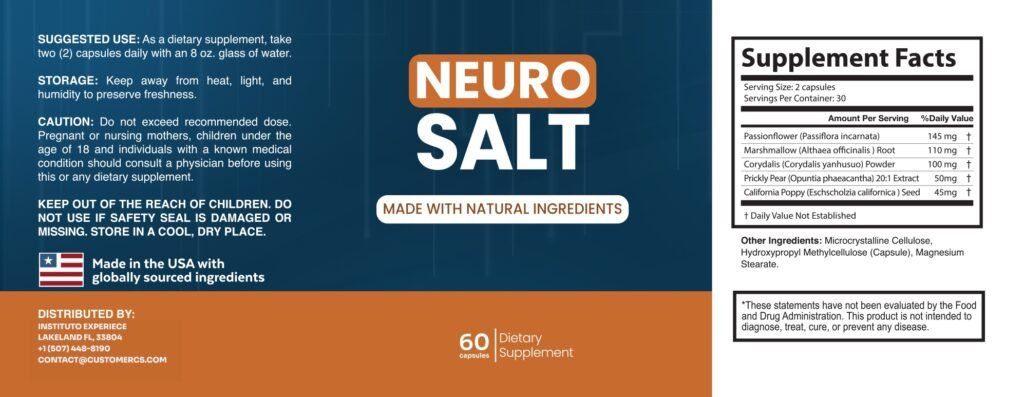 NeuroSalt supplement facts label showing serving size, ingredient amounts, and suggested use